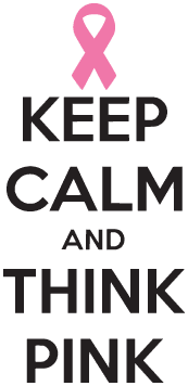 Die-cut sticker with pink ribbon and 'KEEP CALM AND THINK PINK' text