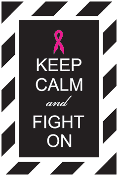 Black die-cut sticker with pink ribbon and text 'Keep Calm and Fight On'