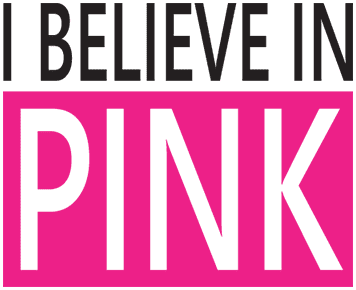 Pink breast cancer awareness die-cut sticker with “I BELIEVE IN PINK” text