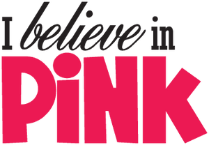 Die-cut pink awareness sticker with 'I believe in PINK' text and heart icon