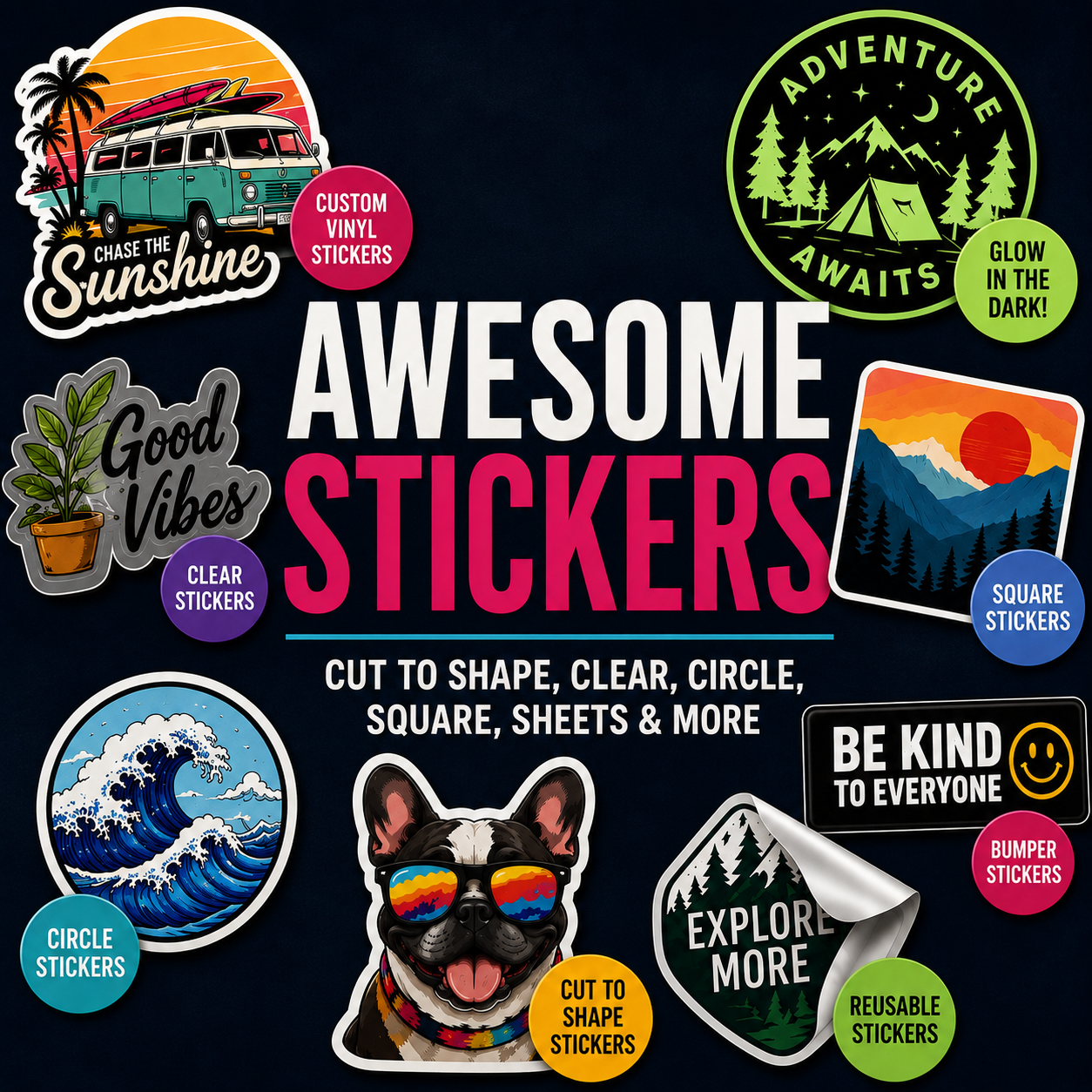 Clear custom cut-to-shape sticker sheet with square, circle, and reusable designs