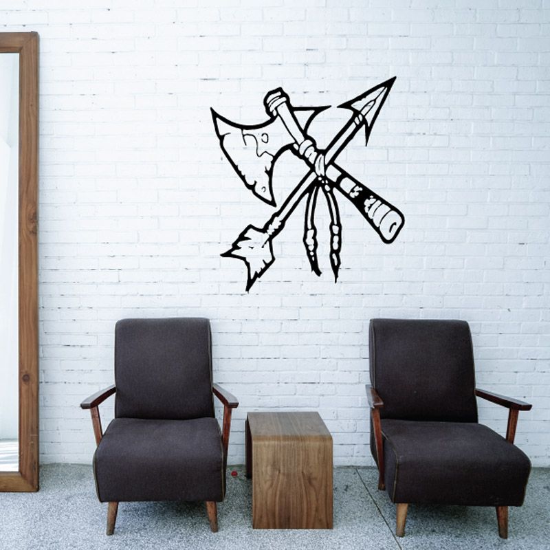 Axe and Arrow wall decal with crossed axe and arrows in black outline