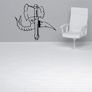 Winged arm holding axe wall decal in black outline