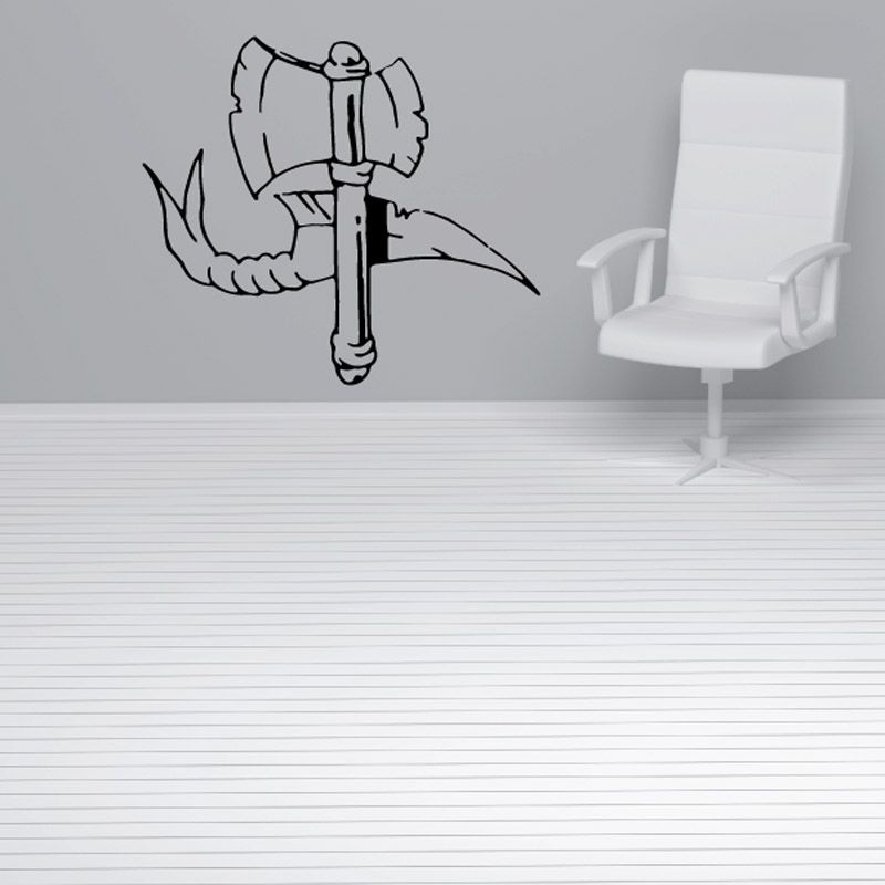Winged arm holding axe wall decal in black outline