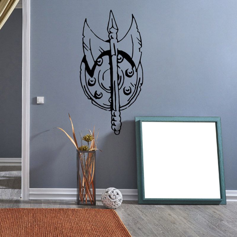 Black outlined fantasy axe-and-shield emblem decal