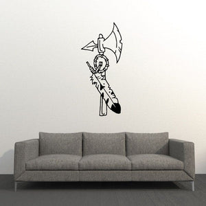 Axe with feathers wall decal, black outline.