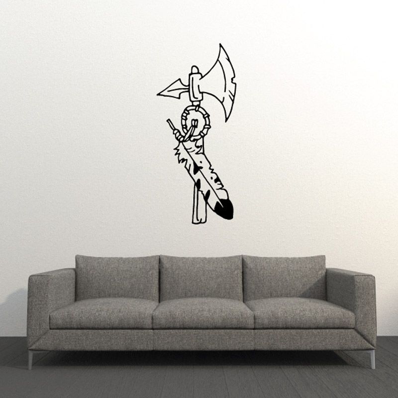 Axe with feathers wall decal, black outline.