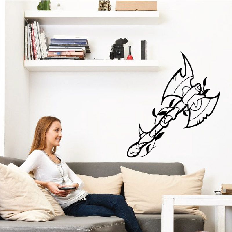 Black axe and vine wall decal with curling leaves