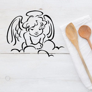 Baby angel decal with line-art face, curly hair, and small cloud wings