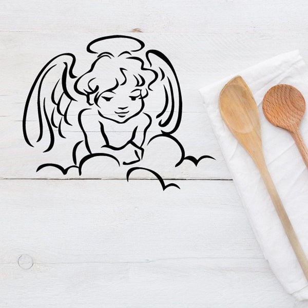 Baby angel decal with line-art face, curly hair, and small cloud wings