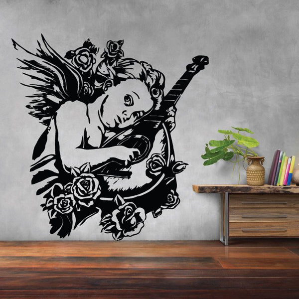 Black baby angel wall decal playing a banjo with roses and flowers