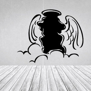 Baby angel silhouette decal with black winged profile, halo, and cloud base