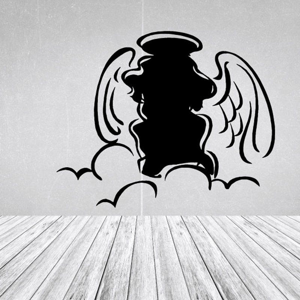 Baby angel silhouette decal with black winged profile, halo, and cloud base