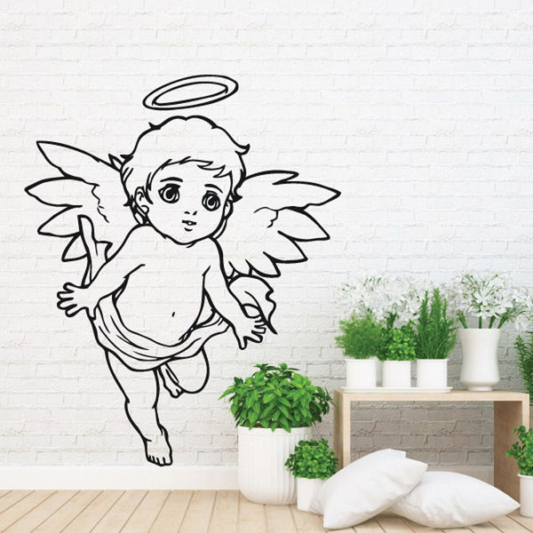 Baby angel wall decal, black outline with halo and big eyes