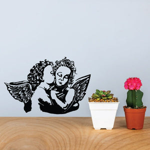 Angels kissing wall decal, black winged cherub silhouettes