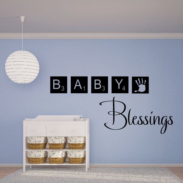 Baby blessings wall decal with 'Blessings' script, letter blocks, and bear paw icon