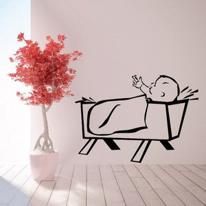Baby Jesus in crib wall decal, black line art of sleeping baby on crib