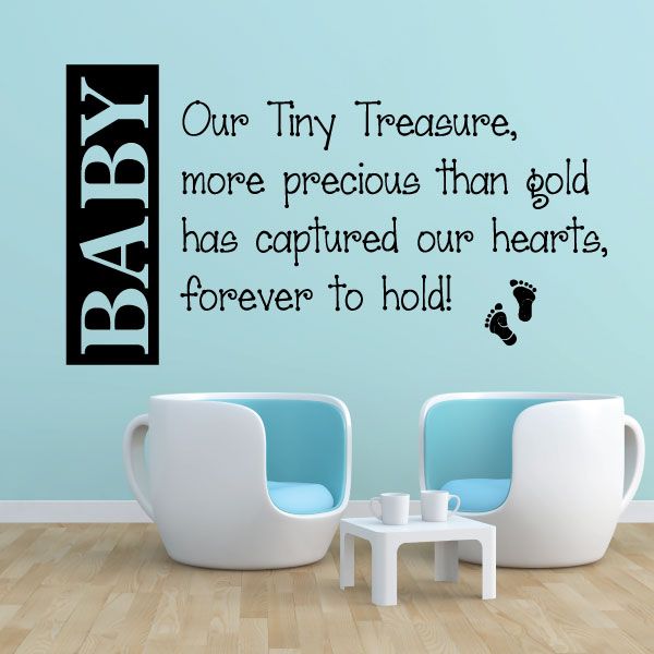 Baby wall decal: black 'BABY' banner and 'Our Tiny Treasure' text with baby feet