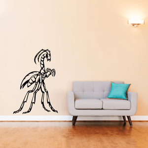 Praying mantis wall decal, black line art standing with arms raised.