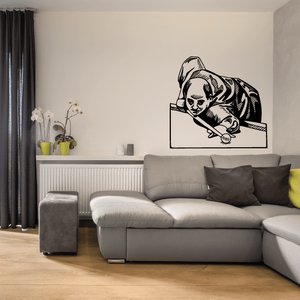 Pool player wall decal of bald man aiming cue inside rectangular outline