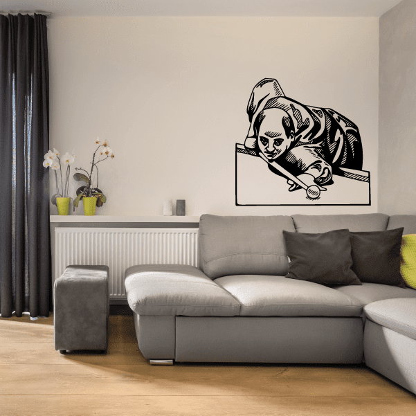 Pool player wall decal of bald man aiming cue inside rectangular outline