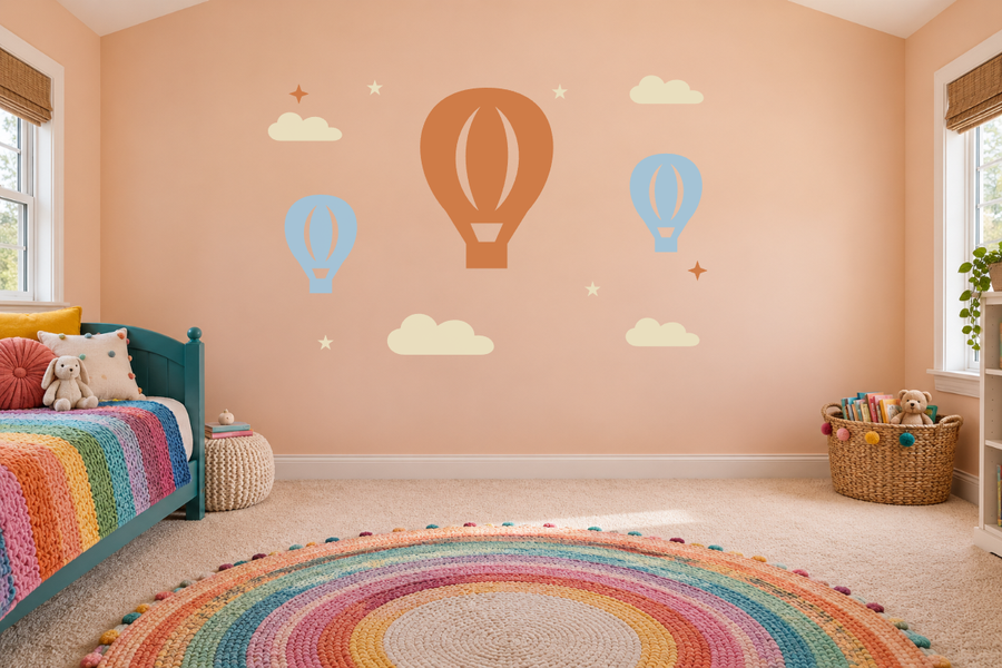 Hot air balloon wall decals with cloud shapes and small star details