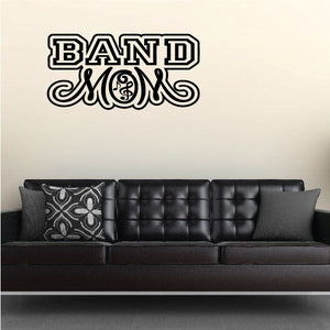 Band Mom decal with bold "BAND" and "MOM" typography in black and white