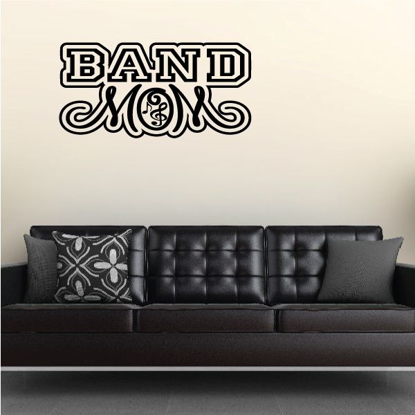 Band Mom decal with bold "BAND" and "MOM" typography in black and white