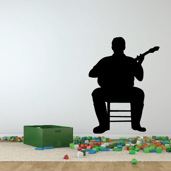 Black banjo player decal silhouette, seated banjo musician with raised instrument