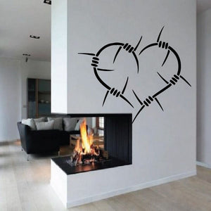 Black barbed wire heart wall decal with stitched-style lines