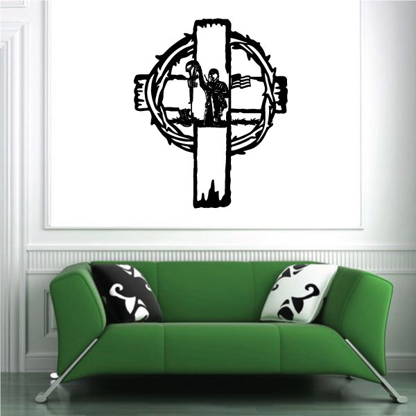 Barbed wire soldier cross decal, black-and-white central cross graphic