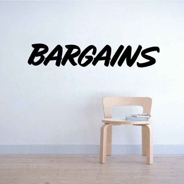 Vinyl wall decal with bold black text 'BARGAINS'