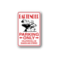 Bartender parking only sticker, red text and bartender icon on white.