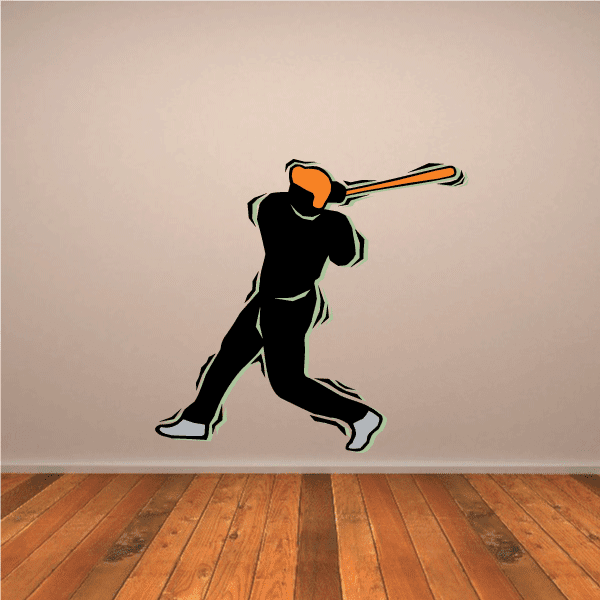 Baseball batter swing sticker with black silhouette and orange bat