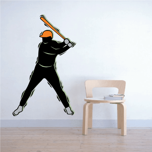 Baseball batter action sticker with black uniform and orange helmet holding bat
