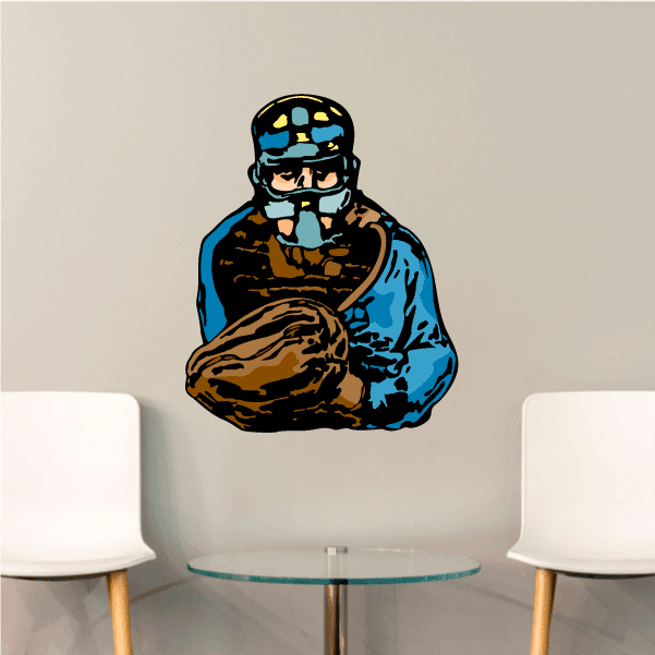 Blue catcher-style printed sticker with large mitt at chest