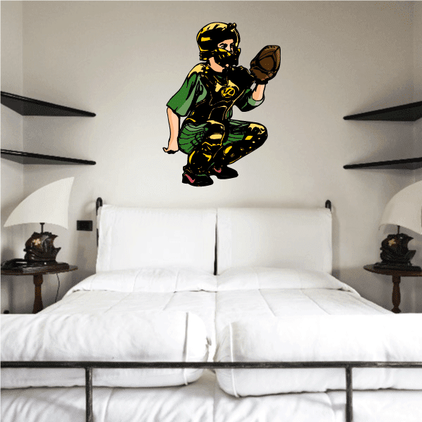 Green and gold baseball catcher sticker with raised mitt, die-cut character
