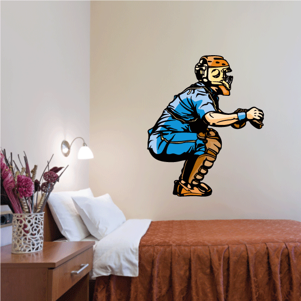 Printed baseball catcher sticker, blue and brown player throwing glove in action