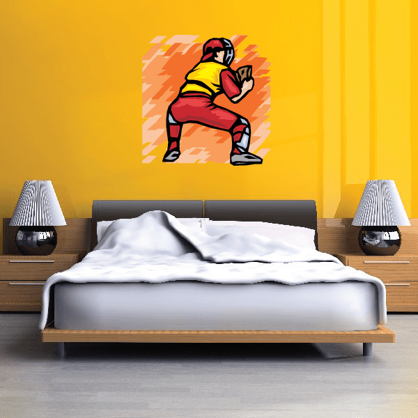 Cartoon catcher printed wall sticker, red and yellow uniform with glove pose