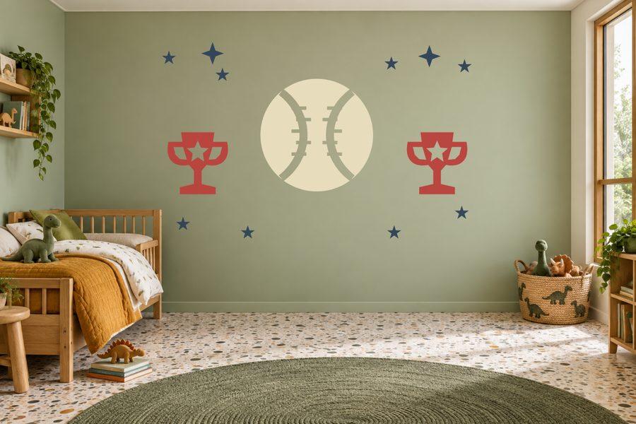 Baseball wall decal kit with red trophy icons, blue stars, and a gray baseball