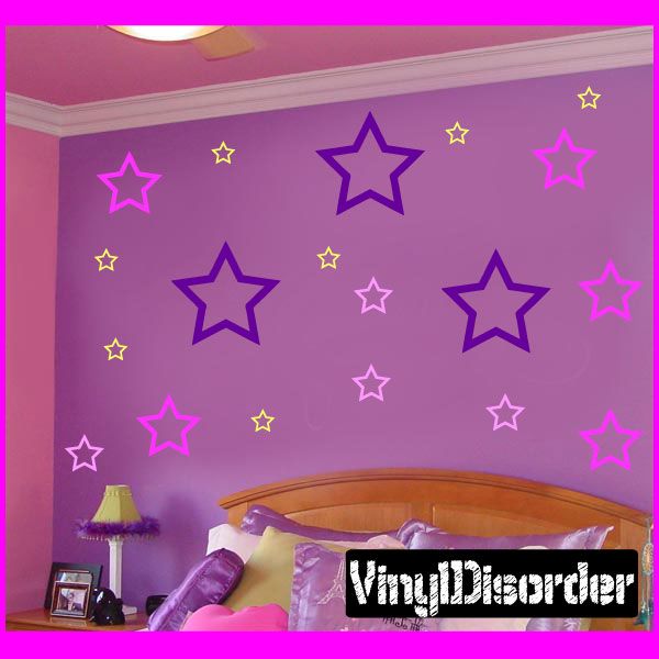 Star wall decals kit with outlined stars in purple, pink, and gold