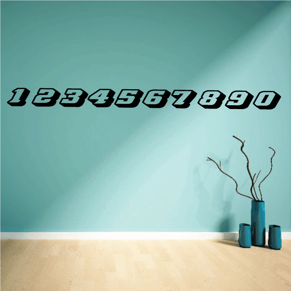 Race number decal with digits 1234567890, black numbers with white outline