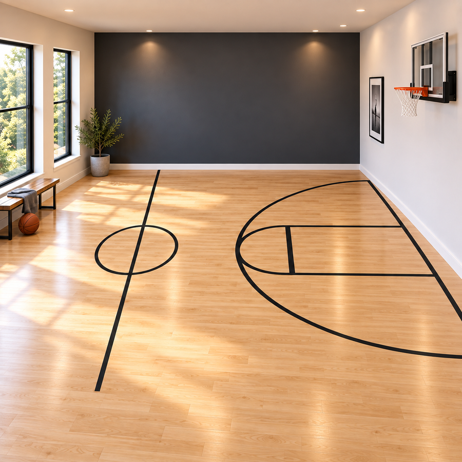 Basketball half-court floor decal with black court lines and key area