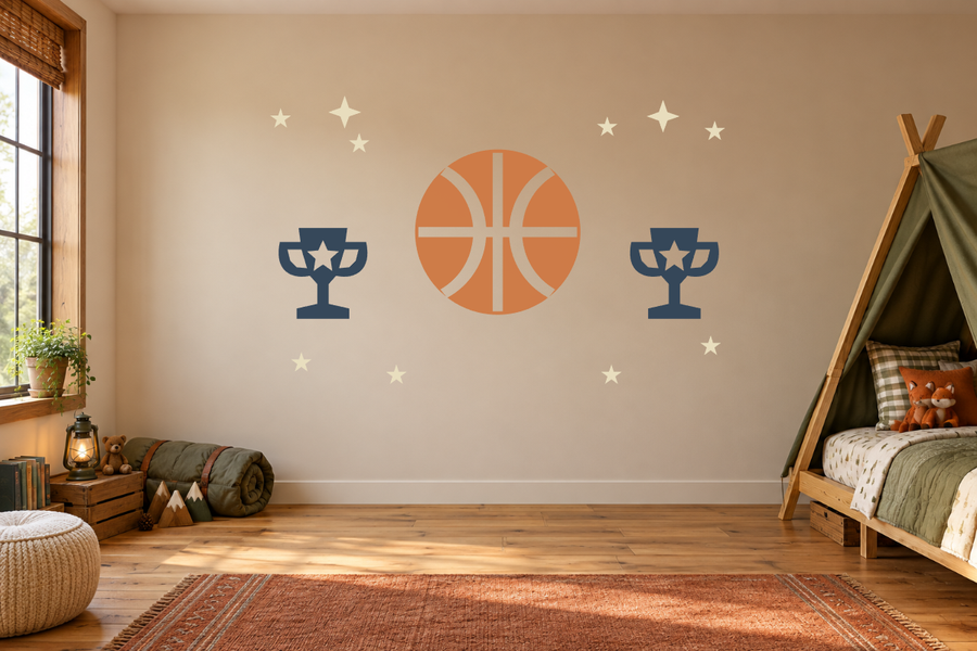 Basketball and trophy wall decal kit with orange ball, blue cups, and sparkle stars