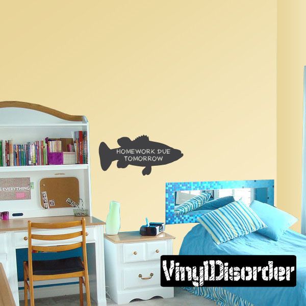 Bass-shaped chalkboard wall decal with homework text on dark surface