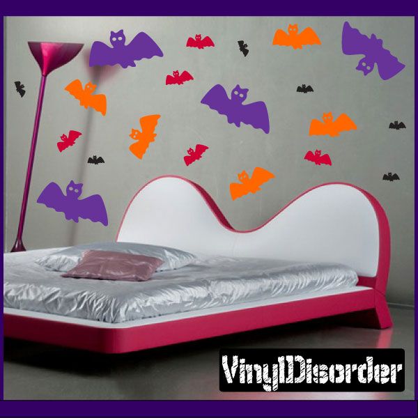 Bat wall decal kit with purple, orange, and red bat silhouettes