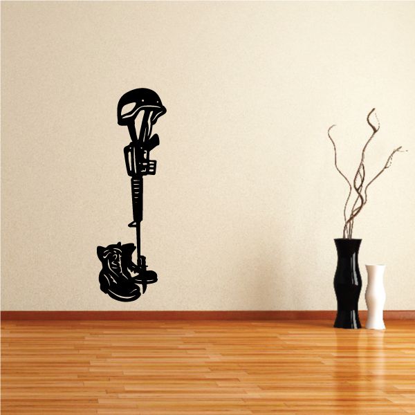 Black gothic battlefield cross decal with helmet and animal silhouette