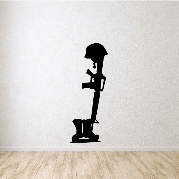 Black soldier silhouette decal holding a rifle, wall sticker outline