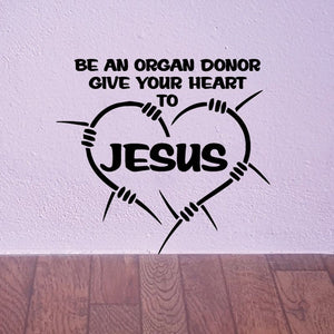 Religious organ donor heart decal with text and 'Jesus' in bold lettering