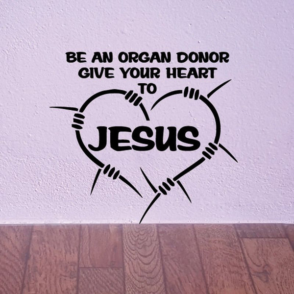 Religious organ donor heart decal with text and 'Jesus' in bold lettering